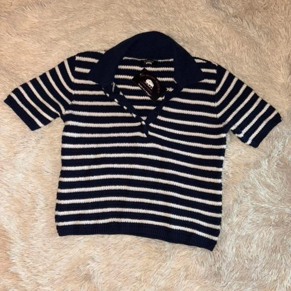 Striped Navy & White Knit Polo Sweater